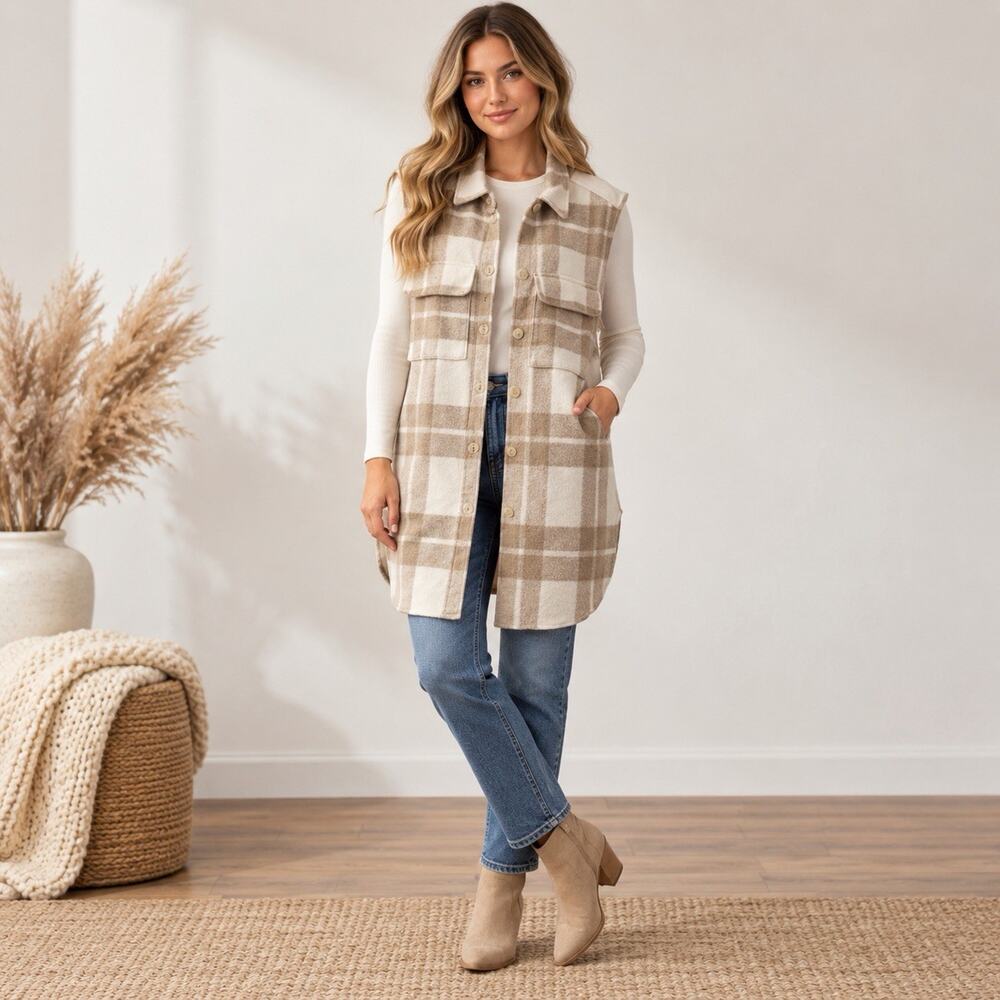H&M Plaid Longline Shacket Vest L Beige Cream Sleeveless Oversized Cabin Core